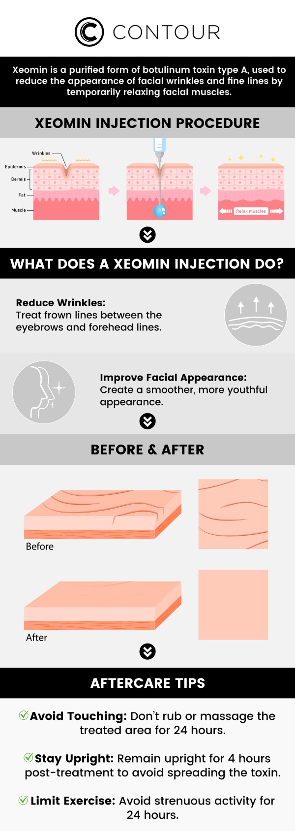 Xeomin is a non-surgical treatment that helps smooth out wrinkles by temporarily relaxing facial muscles. Benefits include reducing frown lines, crow’s feet, and forehead wrinkles, offering a more youthful, refreshed appearance. Ideal for individuals looking to enhance their facial aesthetics without downtime. Our specialists offer Xeomin treatments at Contour Medical Spa to help you achieve a smooth, rejuvenated look. For more information, contact us or schedule an online appointment. We are conveniently located at 18641 Devonshire Street Northridge, CA 91324. Xeomin is a non-surgical treatment that helps smooth out wrinkles by temporarily relaxing facial muscles. Benefits include reducing frown lines, crow’s feet, and forehead wrinkles, offering a more youthful, refreshed appearance. Ideal for individuals looking to enhance their facial aesthetics without downtime. Our specialists offer Xeomin treatments at Contour Medical Spa to help you achieve a smooth, rejuvenated look. For more information, contact us or schedule an online appointment. We are conveniently located at 18641 Devonshire Street Northridge, CA 91324.