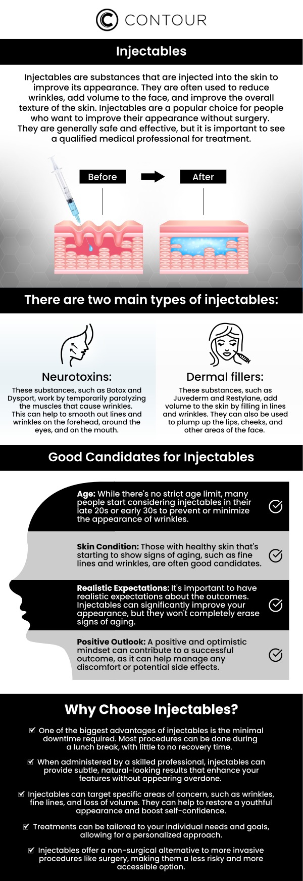 Injectables are a popular non-surgical alternative to traditional cosmetic procedures, such as facelifts, and are typically administered by a licensed healthcare professional. Injectables are a safe and effective way to reshape facial features, combat aging signs, and address common skin concerns. Get comprehensive and specialized care at Contour Medical Spa. For more information, contact us today or request a consultation. Our medspa is conveniently located at 18641 Devonshire Street Northridge, CA 91324.