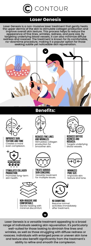 Laser Genesis is a non-invasive, non-ablative laser treatment that builds collagen and restores skin texture, and treats redness, rosacea, fine lines, wrinkles, scars, large pores and active acne. Visit Contour Medical Spa to learn the benefits of Laser Genesis. Contact us today for more information or request a consultation. We are conveniently located at 18641 Devonshire Street Northridge, CA 91324.