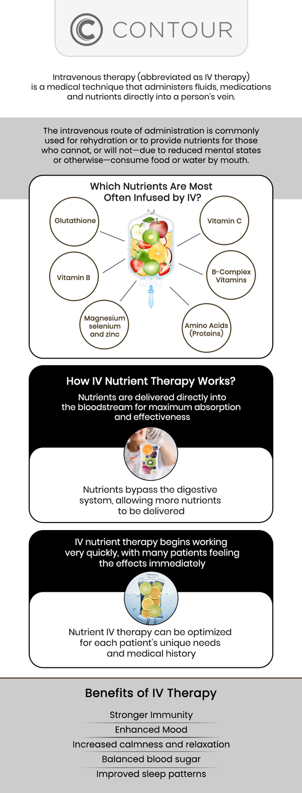 Commonly asked by clients: What is IV Therapy, and how does it support overall wellness? How does IV Therapy work during a treatment session? What are the potential benefits of IV Therapy treatments? Who may be a good candidate for IV Therapy? 

Contour Medical Spa offers customized IV Therapy services designed to support each client’s unique wellness goals in a comfortable and professional environment. The treatment approach focuses on personalized care, helping clients receive hydration and wellness support tailored to their individual needs. With a commitment to client satisfaction and a customized experience, Cecilia Scott RN, BSN, provides IV Therapy solutions that complement overall wellness and lifestyle goals. For more information, contact us today or request an appointment online. We are conveniently located at 18641 Devonshire Street Northridge, CA 91324.